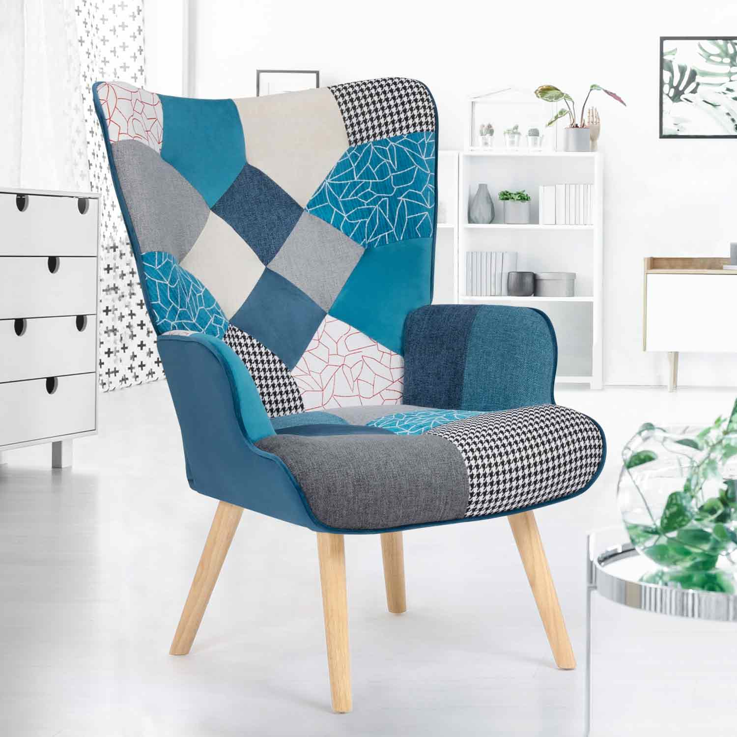 Fauteuil Scandinave Patchwork Bleu IVAR ID Market