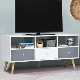 Scandinavisch TV-meubel EFFIE 3 laden hout wit en grijs