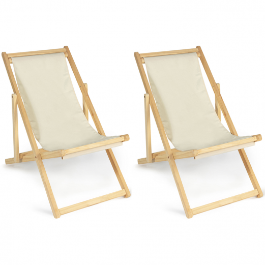 Set van 2 houten inklapbare ligstoelen met ecru stof