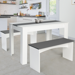 Ensemble table à manger et 2 bancs ROZY 4 personnes blanc et gris 110 cm