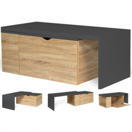 LIZZI 360° draaibare en uitschuifbare salontafel in hout en grijs met opbergruimte