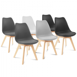Set met 6 SARA stoelen in lichtgrijs, wit, donkergrijs (x2) en zwart (x2)