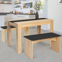 Ensemble table à manger et 2 bancs ROZY 4 personnes hêtre et noir 110 cm