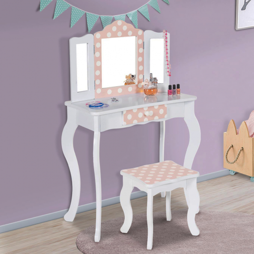ROZA kinderkaptafel in wit en roze met 3 spiegels en kruk