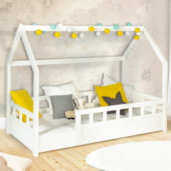 Lit cabane enfant 80 x 160 CM NEREE blanc avec sommier et barrières