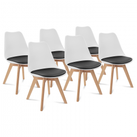 Set van 6 SARA-stoelen, tweekleurig wit met zwarte kussens