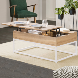 DETROIT salontafel van hout en wit metaal met optilbaar blad en een industrieel design