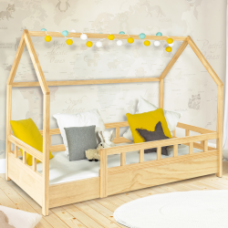 Lit cabane enfant 80 x 160 CM NEREE bois avec sommier et barrières