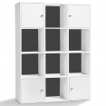 Houten RUDY kubusvormig opbergmeubel met 12 vakken, witte deuren met grijze rug