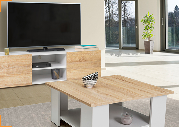 Wit ELI TV-meubel + salontafel met deuren in beukeneffect