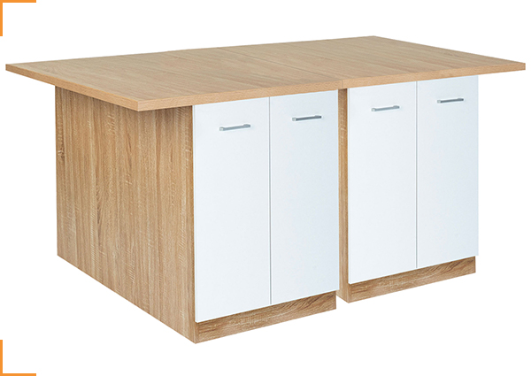 LOT DE 2 ILOTS CENTRAUX IVO 120 CM BOIS FAÇON HÊTRE PORTES BLANCHES AVEC PLAN DE TRAVAIL