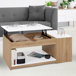 Table basse plateau relevable ELEA avec coffre bois façon hêtre et blanc