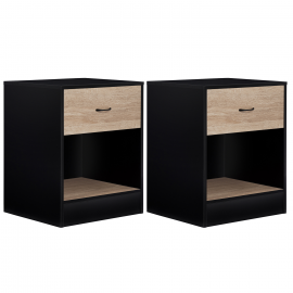 Set van 2 OLGA nachtkastjes in zwart hout met lade in imitatiebeukenhout