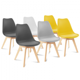 Set met 6 SARA stoelen in lichtgrijs, wit, donkergrijs (x2) en geel (x2)