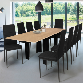 Uitschuifbare eettafel DONA voor 6 tot 10 personen, zwarte, tafelblad beukeneffect, 110 -220 cm