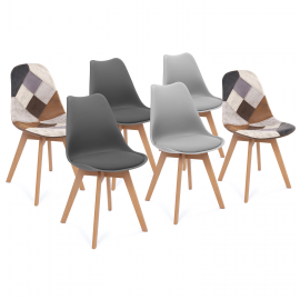 Set van 6 Scandinavische stoelen SARA, donkergrijs x2, lichtgrijs x2 en bruin patchwork x2