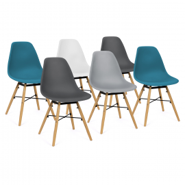 Set van 6 SANDRA stoelen mix kleur wit, lichtgrijs, donkergrijs x2, eendenblauw x2