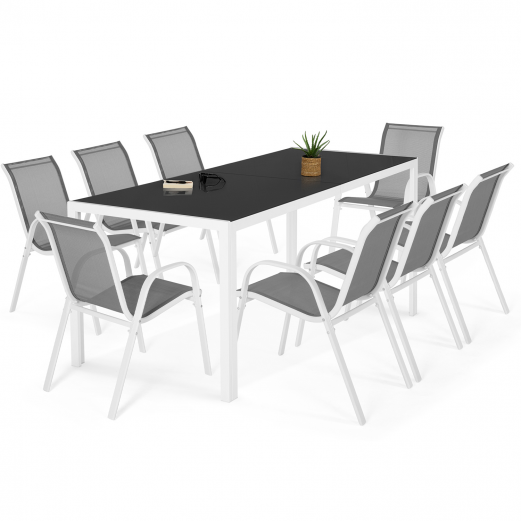 Salon de jardin MADRID table 190 CM et 8 chaises empilables blanc et gris