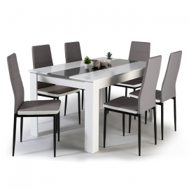 GEORGIA 140 cm witte en grijze eettafel en 6 grijze ROMANE stoelen met witte rand