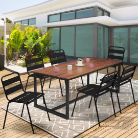 SOHO tuinmeubelset staal + acacia 180cm tafel en 6 zwarte stapelstoelen - industrieel ontwerp