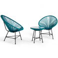 Salon de jardin IZMIR table et 2 fauteuils oeuf cordage bleu canard
