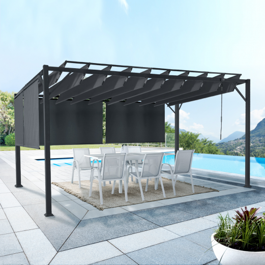 Luxe uitvoering pergola met 3x4 M verstelbare lamellen en 4 antracietgrijze jaloezieën