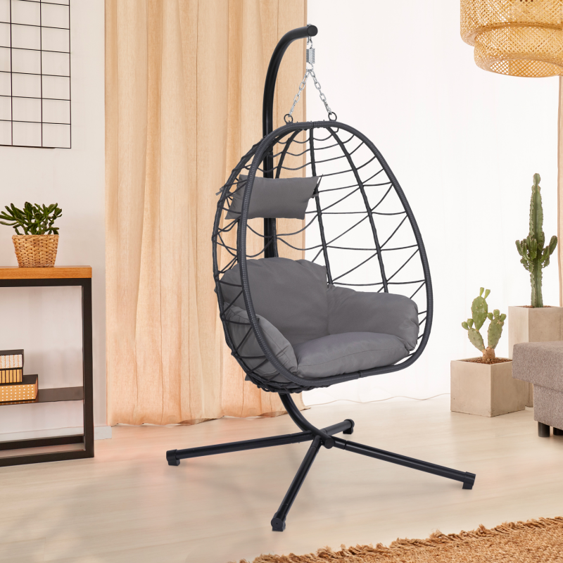 Fauteuil lune suspendu pas cher ajouré avec coussin gris