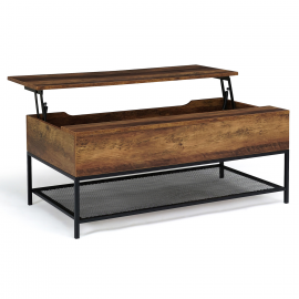 Table basse plateau relevable rectangulaire HAMILTON bois foncé et étagère inférieure design industriel