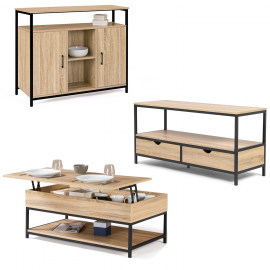 Ensemble meubles de salon buffet, table basse relevable et meuble TV DETROIT design industriel