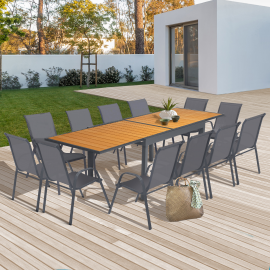 Tuinmeubelset POLY uitschuifbare tafel 135-270 CM en 12 stoelen hout en donkergrijs