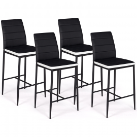 Lot de 4 tabourets ROMANE en PVC noirs bandeau blanc, chaises de bar rembourrées