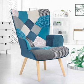 Scandinavische IVAR fauteuil in patchworkstof en blauw fluweel