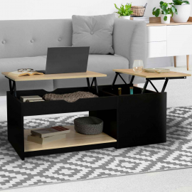 Table basse 2 plateaux relevables EYLA avec coffre bois noir et façon hêtre