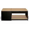 Table basse 2 plateaux relevables EYLA avec coffre bois noir et façon hêtre