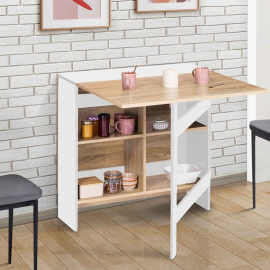 EDI inklapbare consoletafel voor 2-6 personen met opbergruimte in wit hout en blad in beukenlook 150 x 80 cm