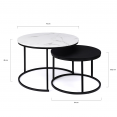 Lot de 2 tables basses gigognes ALASKA rondes 54/70 effet marbre et noir pieds métal