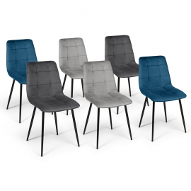 Set van 6 MILA stoelen in fluweelmix kleur blauw x2, donkergrijs x2, lichtgrijs x2