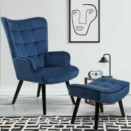 ANIA Scandinavische fauteuil met voetsteun van blauw fluweel