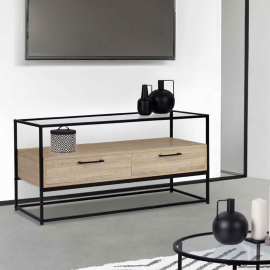 SOLANO TV-element met 2 laden, glazen blad en metalen onderstel in industrieel ontwerp 113 cm