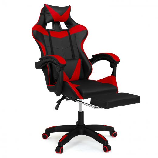 Verstelbare ALEX-game chair met voetensteun, hoofdkussen en lendenkussen in zwart en rood