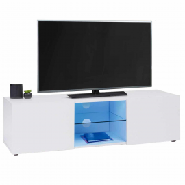 Meuble TV ELI blanc étagère en verre avec LED 113 cm