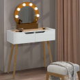 Coiffeuse scandinave 2 tiroirs HORIA bois et blanc avec miroir LED