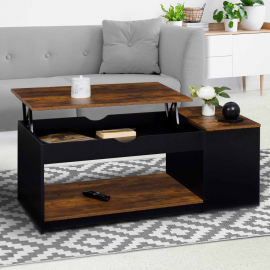 ELEA salontafel met lift-top, antiek donker hout en zwarte kast