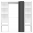 Dressing extensible double blanc et gris MERYL 120/180 x 180 cm avec rideau + double penderie + étagères