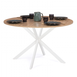 Table à manger ronde ALIX 4-6 personnes pied araignée bois et blanc 110 cm