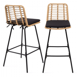 Lot de 2 tabourets de bar SUMMER effet rotin pied métal noir