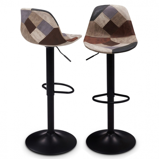 Lot de 2 tabourets de bar KARL design patchworks marron, gris et beiges pied noir