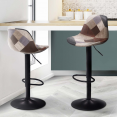 Lot de 2 tabourets de bar KARL design patchworks marron, gris et beiges pied noir