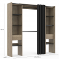 Dressing extensible double bois et noir MERYL 120/180 x 180 cm avec rideau + double penderie + étagères
