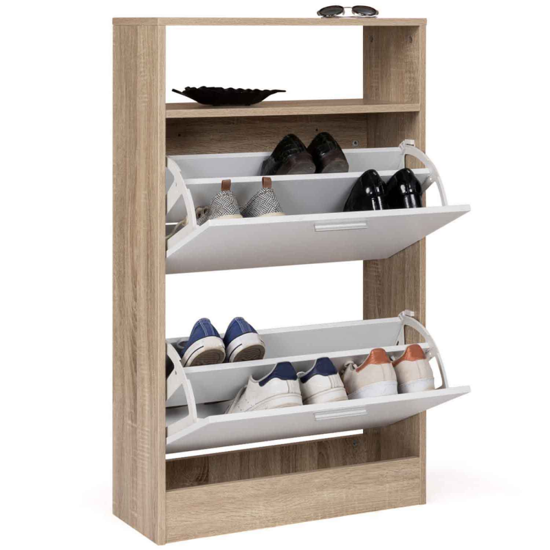 Meuble à chaussures avec étagères imitation hêtre portes et tiroir blancs -  KLARK
